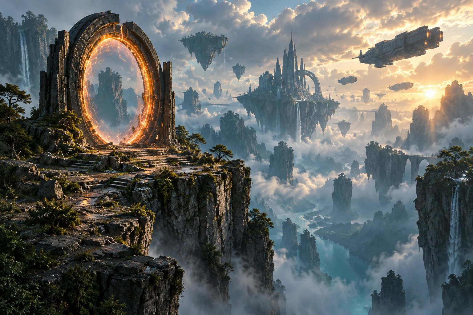 RiftRoute game-world concept with an orange dimensional portal and misty cliffs