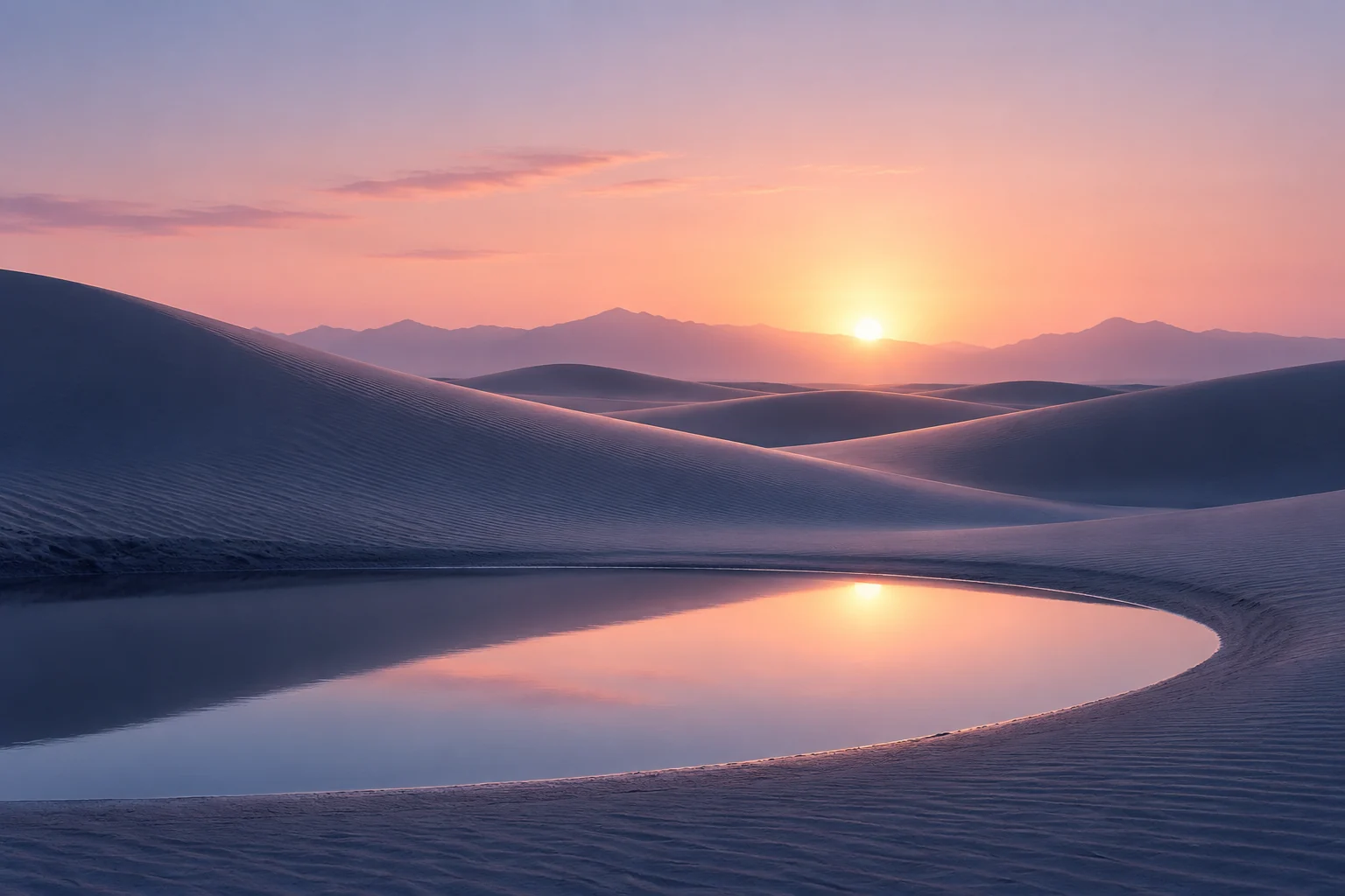 WakeAnew concept artwork with a sunrise, soft dunes and a reflective pool